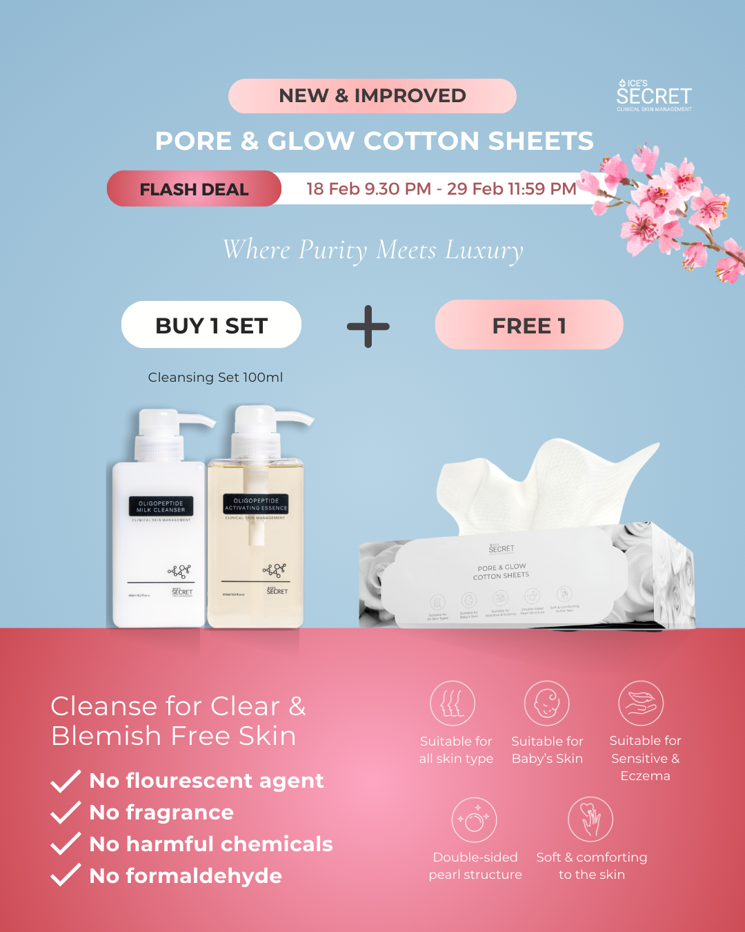(Launch Specials) Pore &amp; Glow Cotton Sheets w/ Cleansing Set