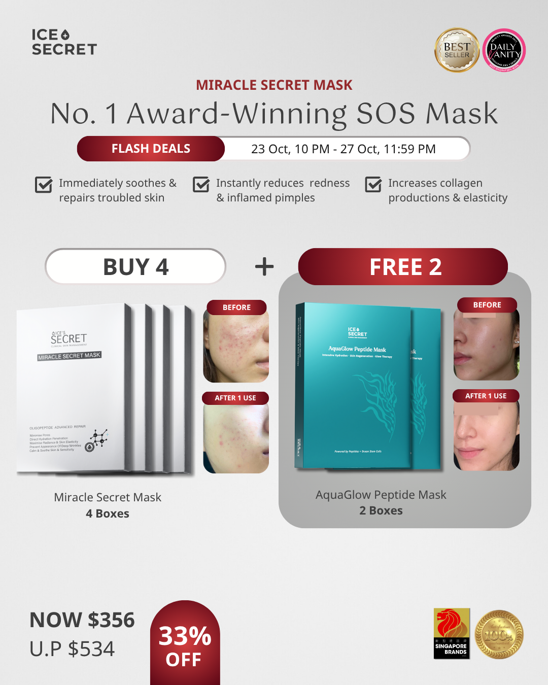 MIRACLE SECRET MASK BUY 4 FOC 2 AQUAGLOW PEPTIDE MASK