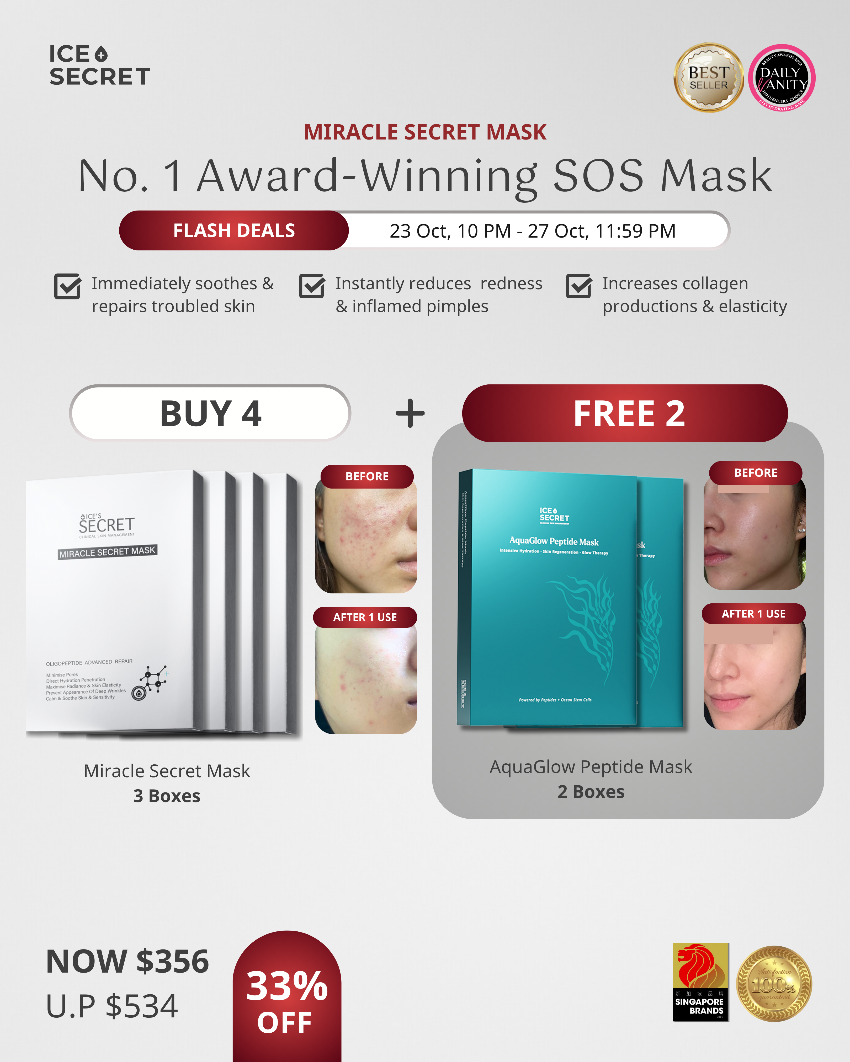 BUY 4 MIRACLE SECRET MASK FOC 2 AQUAGLOW PEPTIDE MASK