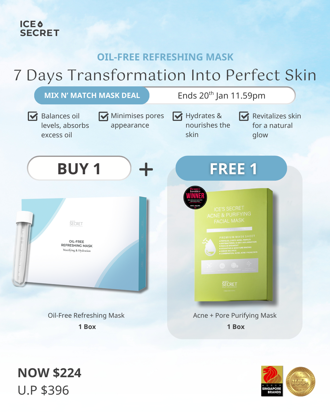 Ice Secret Oil-Free Refresh Mask + Acne Pore Purifying Mask bundle, 7-day skin balance transformation Singapore