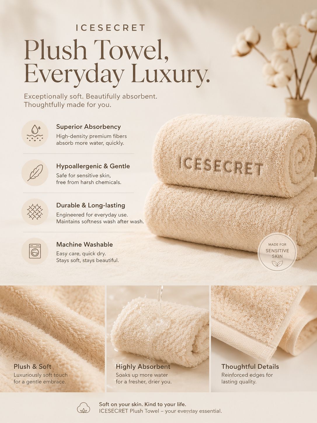 Hypoallergenic Soft Bath Towel (Classic Cream)